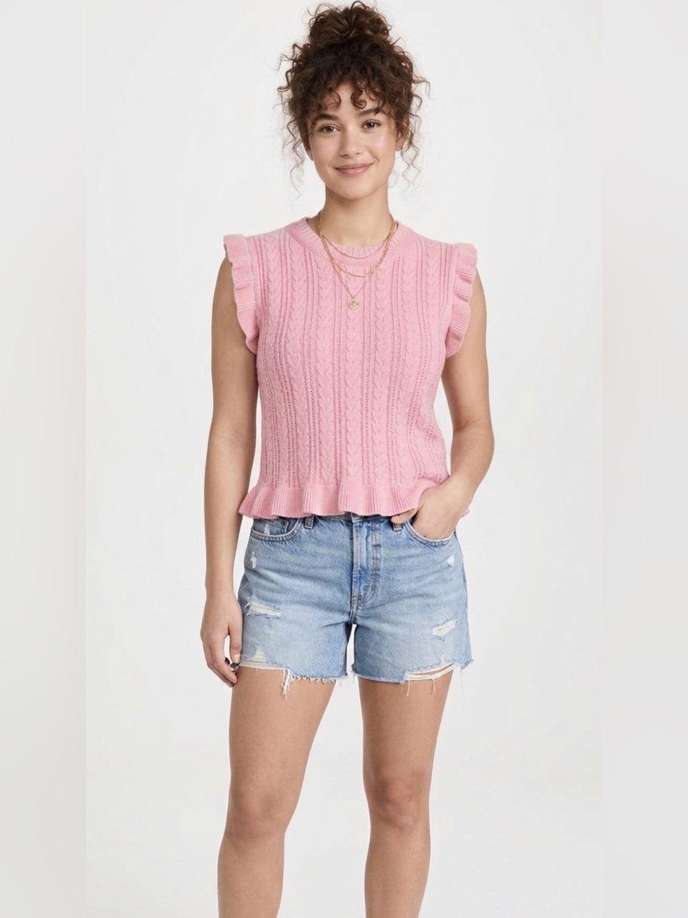 LUSH Pink Cable Knit Ruffle Trim Sweater Vest Sleeveless Top Large - Picture 1 of 8